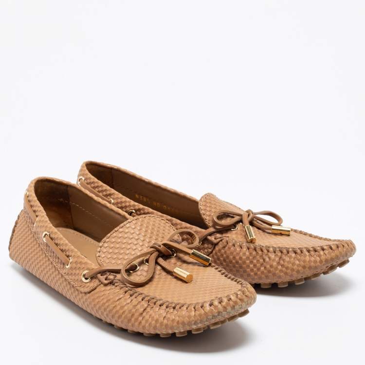 Pre Owned Louis Vuitton Light Brown Petit Damier Embossed Leather Gloria Bow Loafers Size 38.5