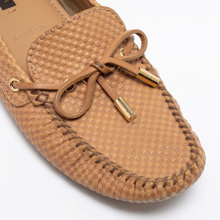 Pre Owned Louis Vuitton Light Brown Petit Damier Embossed Leather Gloria Bow Loafers Size 38.5