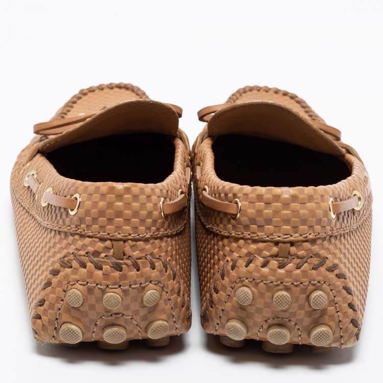 Pre Owned Louis Vuitton Light Brown Petit Damier Embossed Leather Gloria Bow Loafers Size 38.5