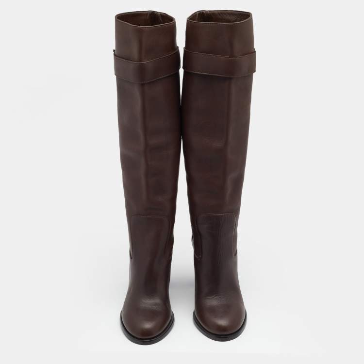 Pre Owned Louis Vuitton Dark Brown Leather Knee Length Boots Size 37