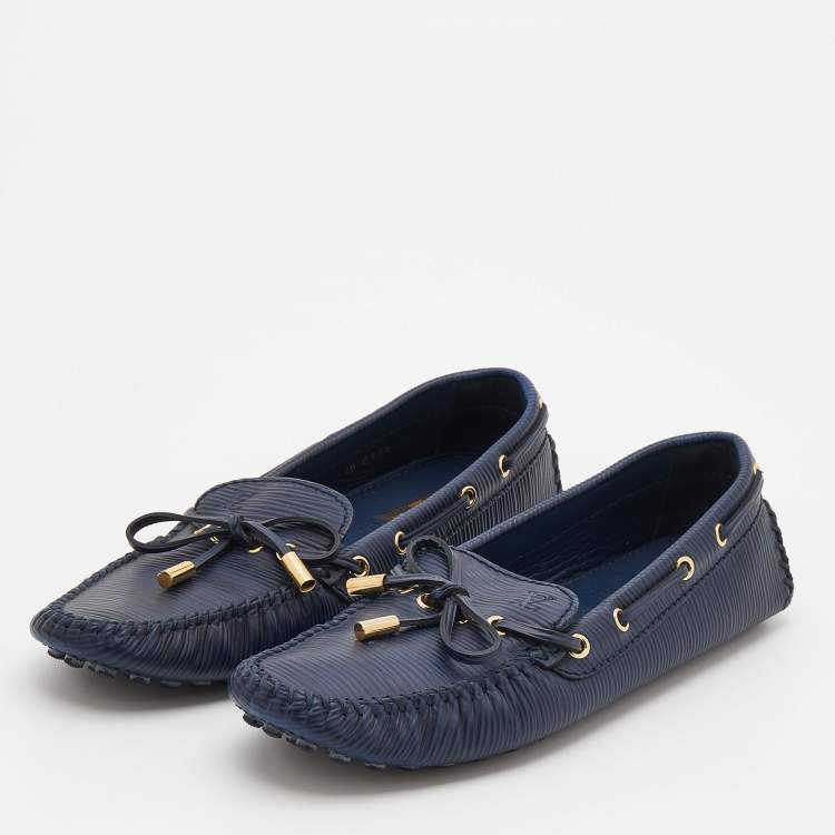 Louis Vuitton Gloria Flat Loafer Blue Suede 37  Louis vuitton flats,  Patent leather loafers, Black patent loafers