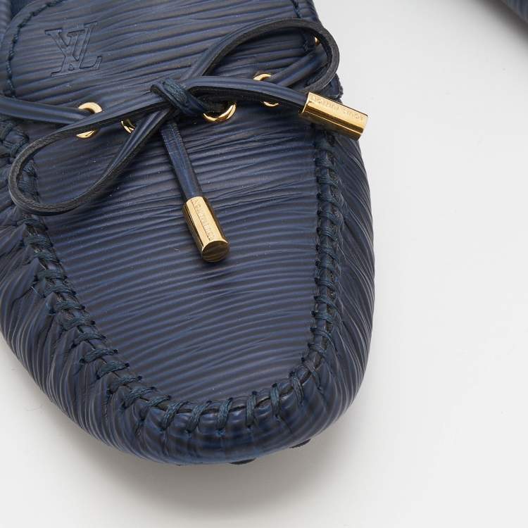 Pre Owned Louis Vuitton Blue Epi Leather Bow Gloria Slip On Loafers Size 38