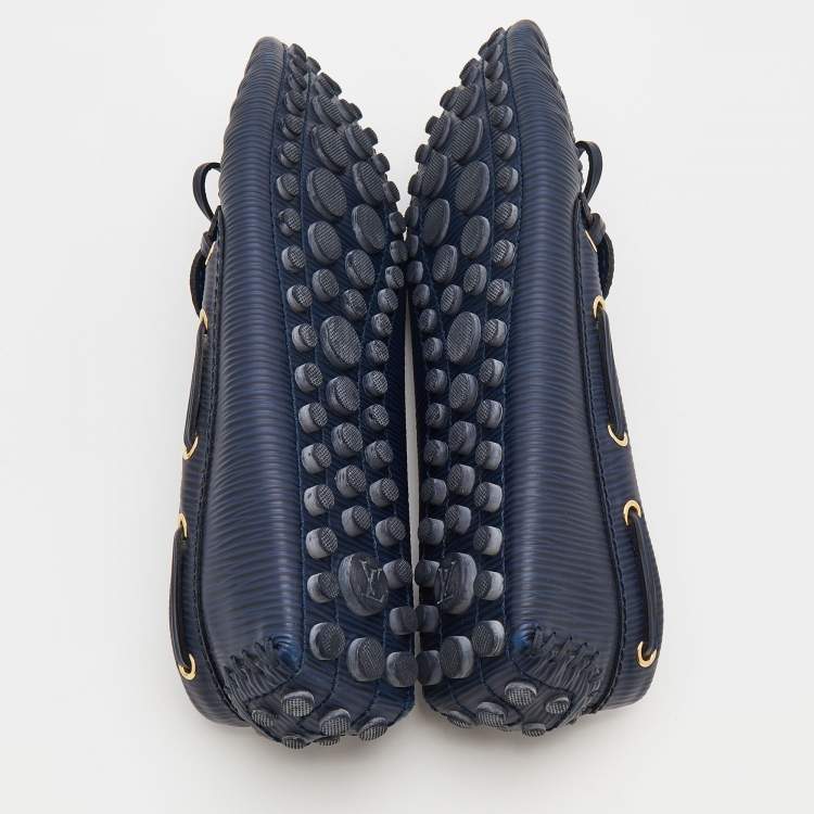 Pre Owned Louis Vuitton Blue Epi Leather Bow Gloria Slip On Loafers Size 38