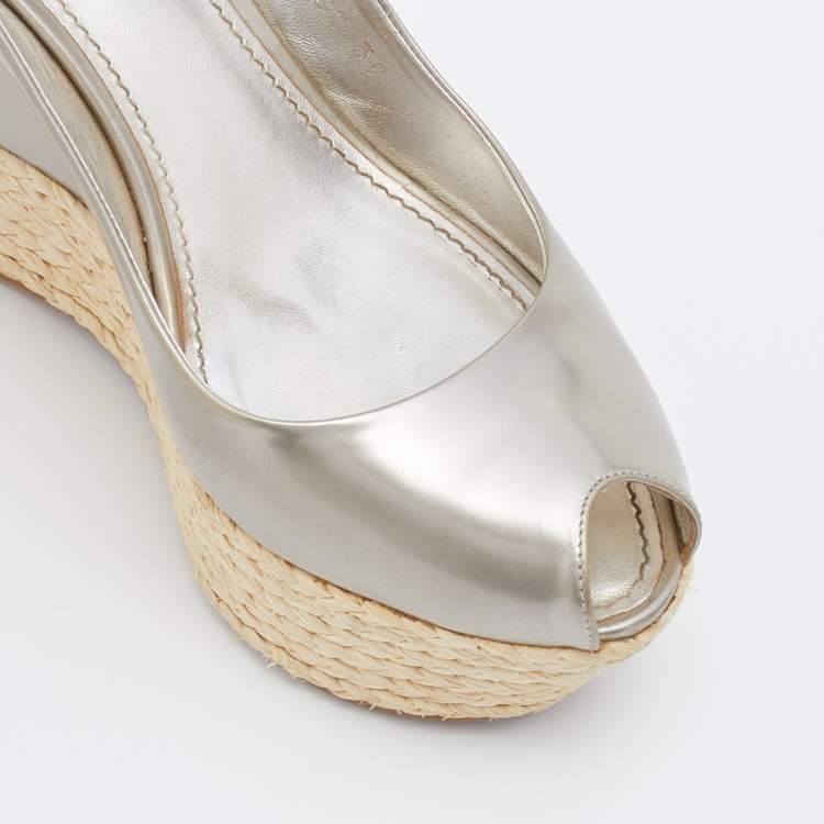 Pre Owned Louis Vuitton Grey Patent Leather Lagoon Espadrilles Platform Wedge Slingback Sandals Size 39