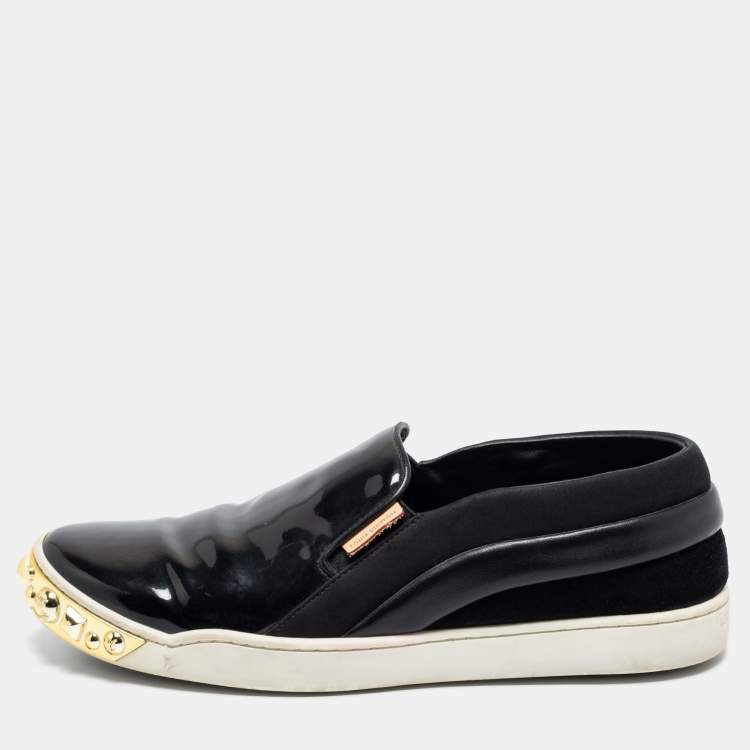 Louis Vuitton Black Patent Leather and Suede Studded Slip On