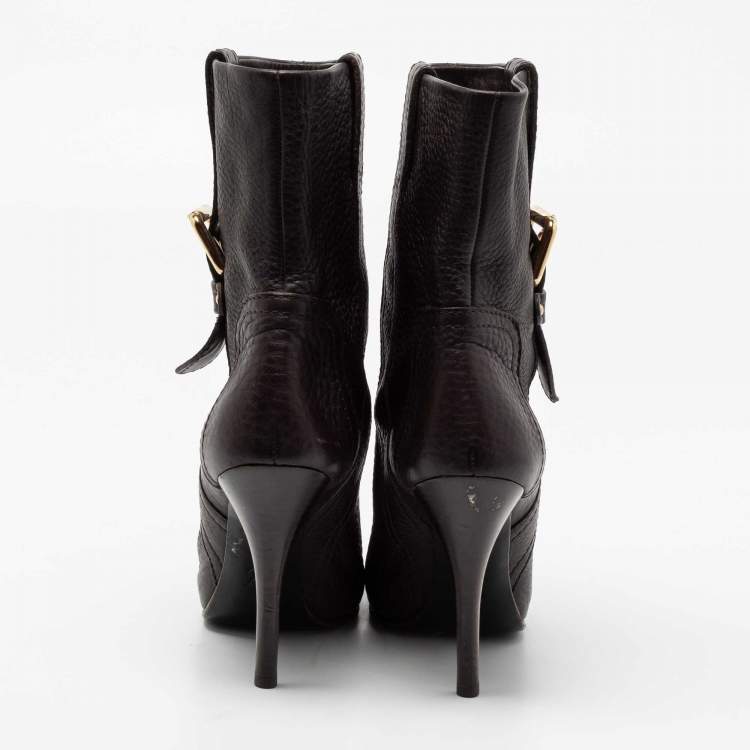 Pre Owned Louis Vuitton Dark Brown Leather Ankle Length Boots 37.5