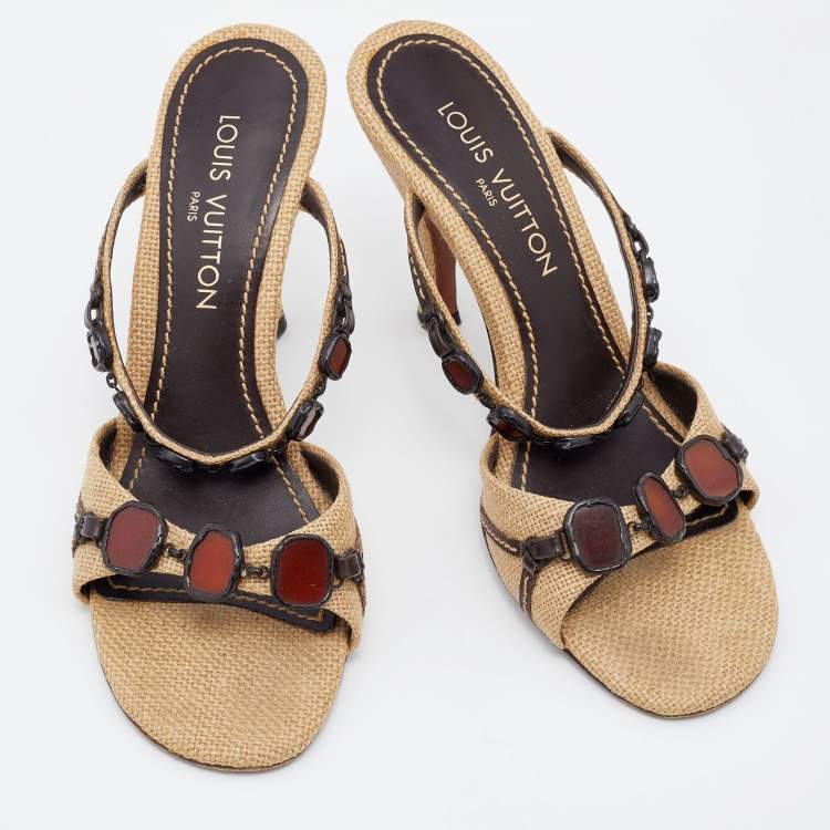 Pre Owned Louis Vuitton Beige Embellished Canvas and Leather Slide Sandals Size 39