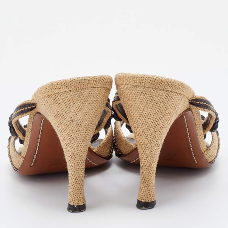 Pre Owned Louis Vuitton Beige Embellished Canvas and Leather Slide Sandals Size 39