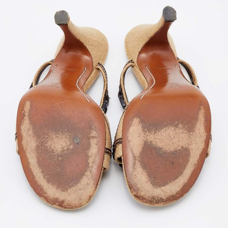 Pre Owned Louis Vuitton Beige Embellished Canvas and Leather Slide Sandals Size 39