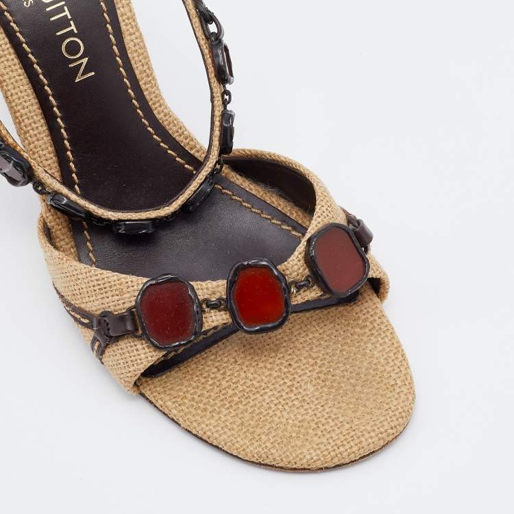 Pre Owned Louis Vuitton Beige Embellished Canvas and Leather Slide Sandals Size 39