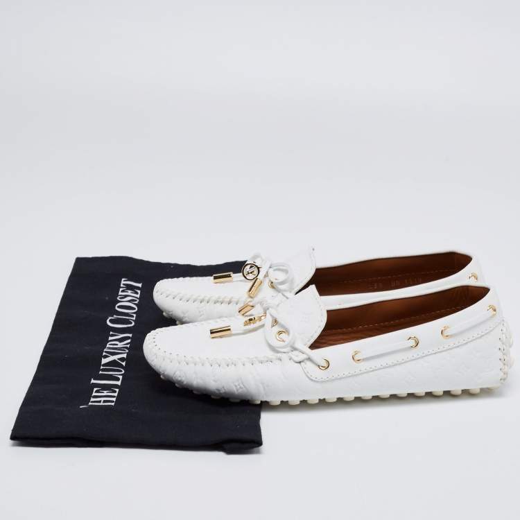 Pre Owned Louis Vuitton White Monogram Empreinte Leather Gloria Loafers Size 38