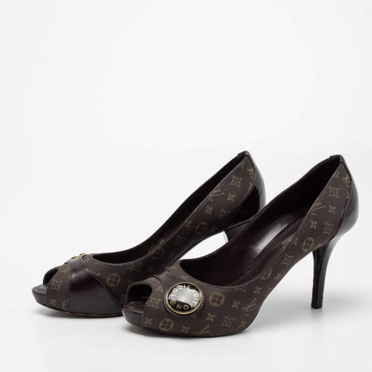 Pre Owned Louis Vuitton Dark Brown Monogram Canvas and Patent Leather Judy Peep-Toe Pumps Size 37
