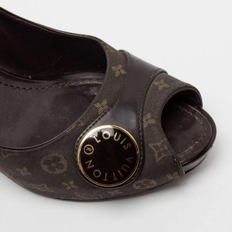 Pre Owned Louis Vuitton Dark Brown Monogram Canvas and Patent Leather Judy Peep-Toe Pumps Size 37