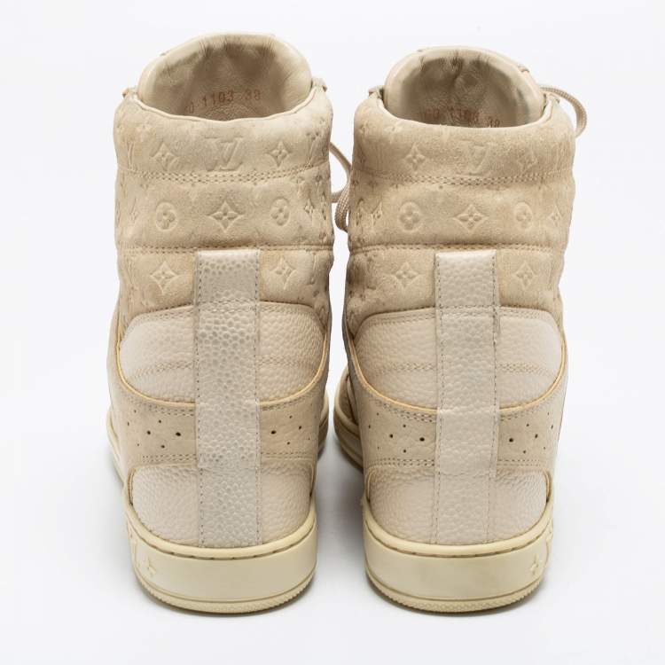 Pre Owned Louis Vuitton Off White Monogram Suede And Leather Cliff Top Wedge Sneakers Size 38
