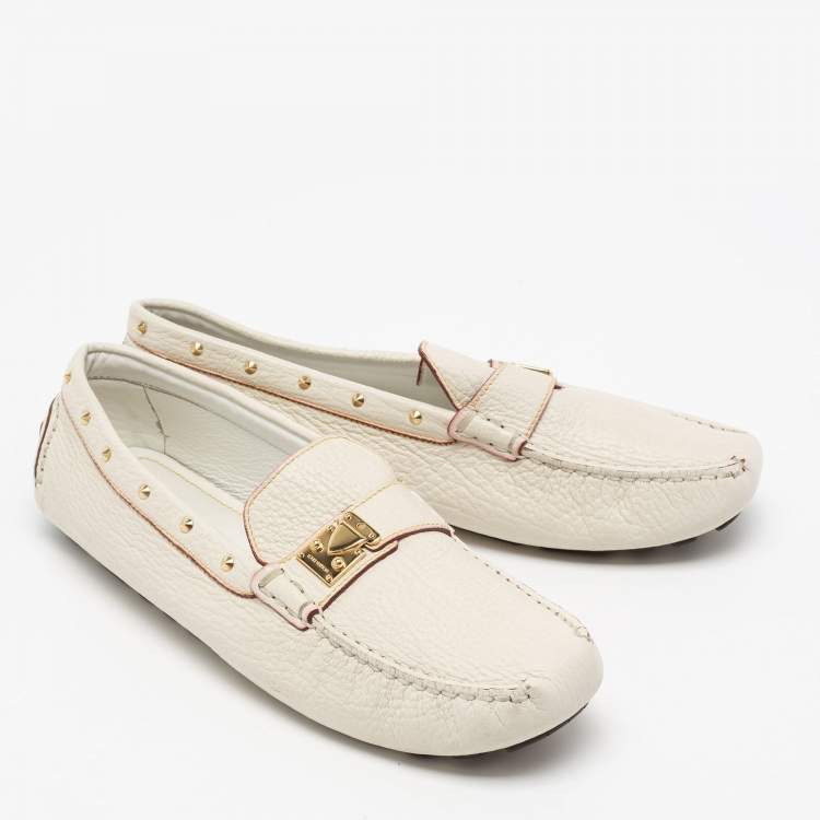 Pre Owned Louis Vuitton Off White Leather S Lock Slip On Loafers Size 40.5