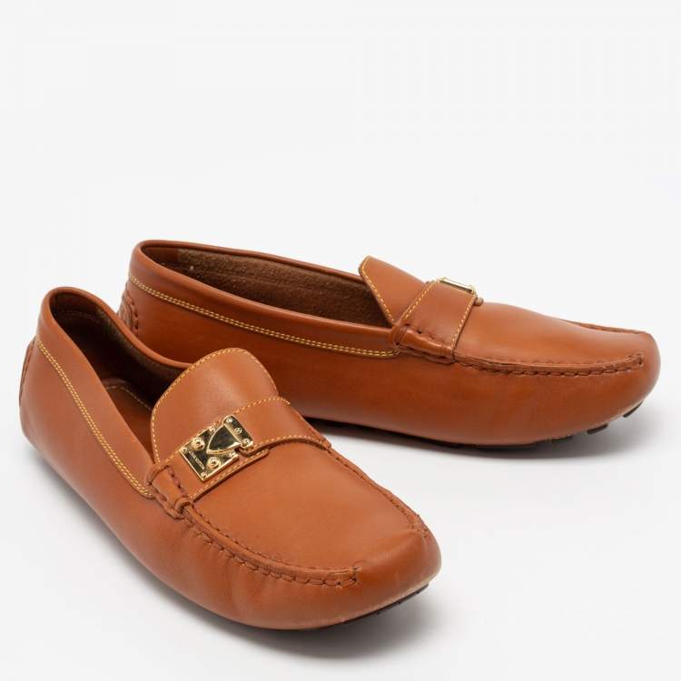 Pre Owned Louis Vuitton Tan Leather S Lock Slip On Loafers Size 40.5