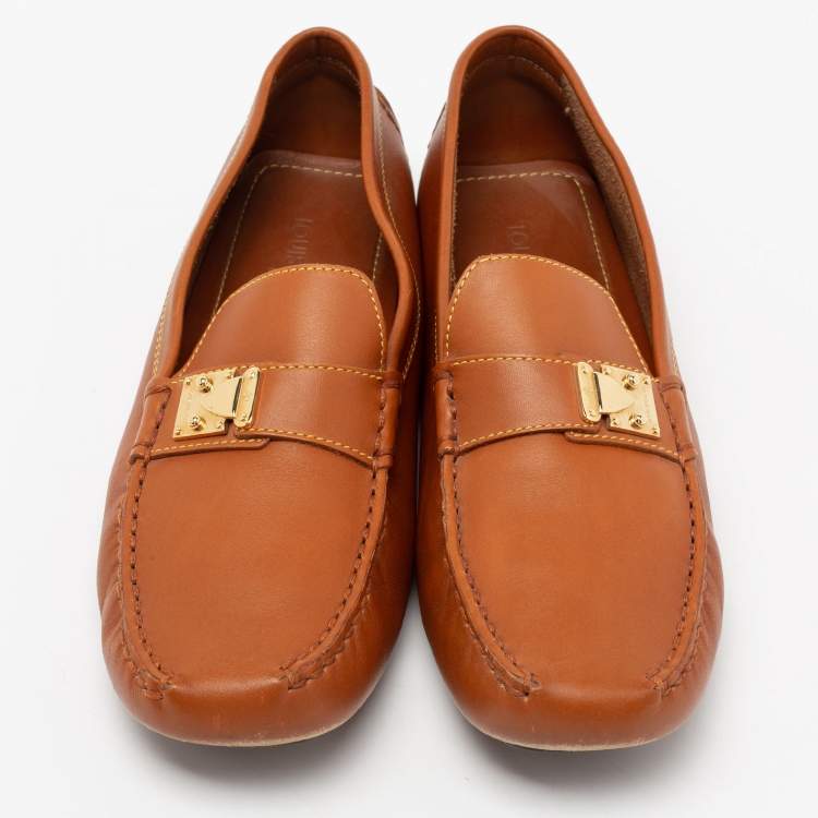 Pre Owned Louis Vuitton Tan Leather S Lock Slip On Loafers Size 40.5