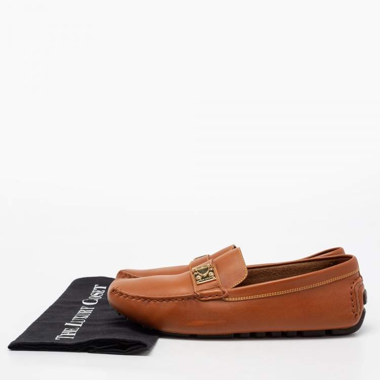 Pre Owned Louis Vuitton Tan Leather S Lock Slip On Loafers Size 40.5