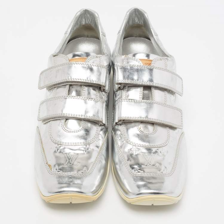Pre Owned Louis Vuitton Metallic Silver Monogram Leather Mirror Tennis Low Top Sneakers Size 40.5