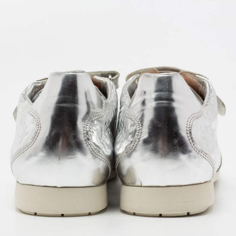 Pre Owned Louis Vuitton Metallic Silver Monogram Leather Mirror Tennis Low Top Sneakers Size 40.5