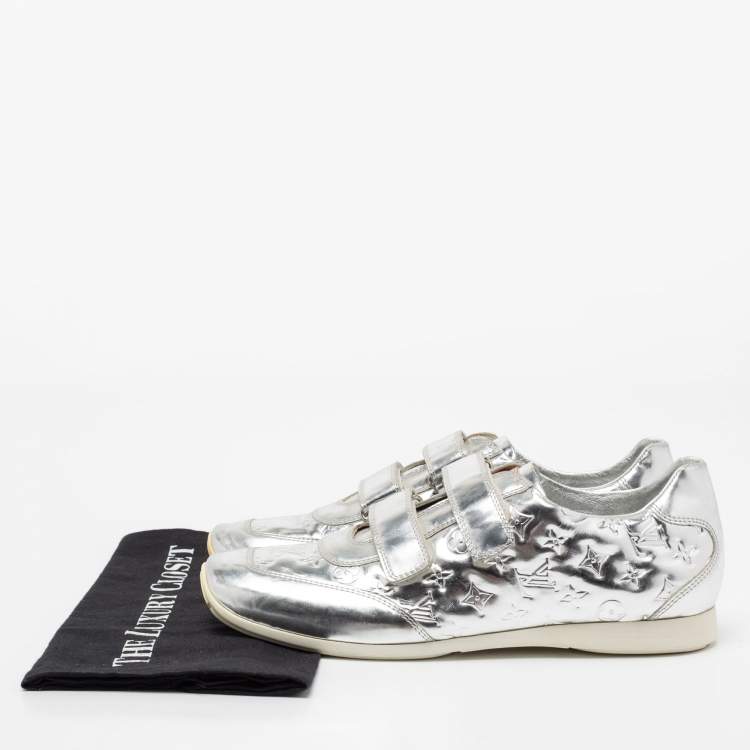 Pre Owned Louis Vuitton Metallic Silver Monogram Leather Mirror Tennis Low Top Sneakers Size 40.5