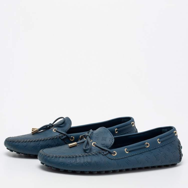 Pre Owned Louis Vuitton Blue Monogram Leather Gloria Bow Slip On Loafers Size 41