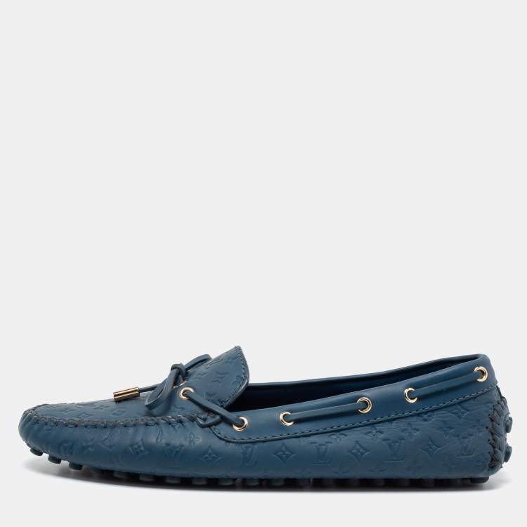 Pre Owned Louis Vuitton Blue Monogram Leather Gloria Bow Slip On Loafers Size 41