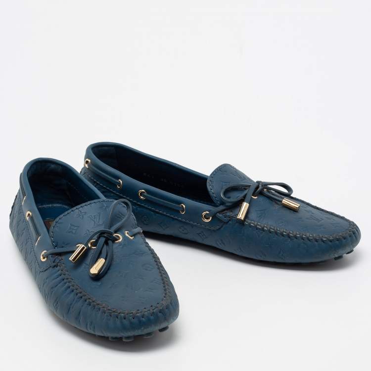 Pre Owned Louis Vuitton Blue Monogram Leather Gloria Bow Slip On Loafers Size 41