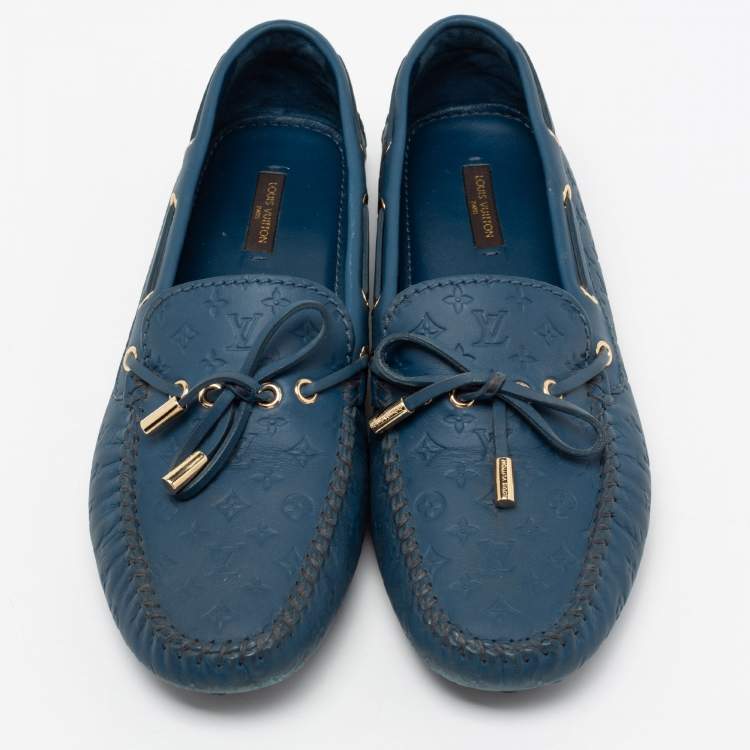 Pre Owned Louis Vuitton Blue Monogram Leather Gloria Bow Slip On Loafers Size 41