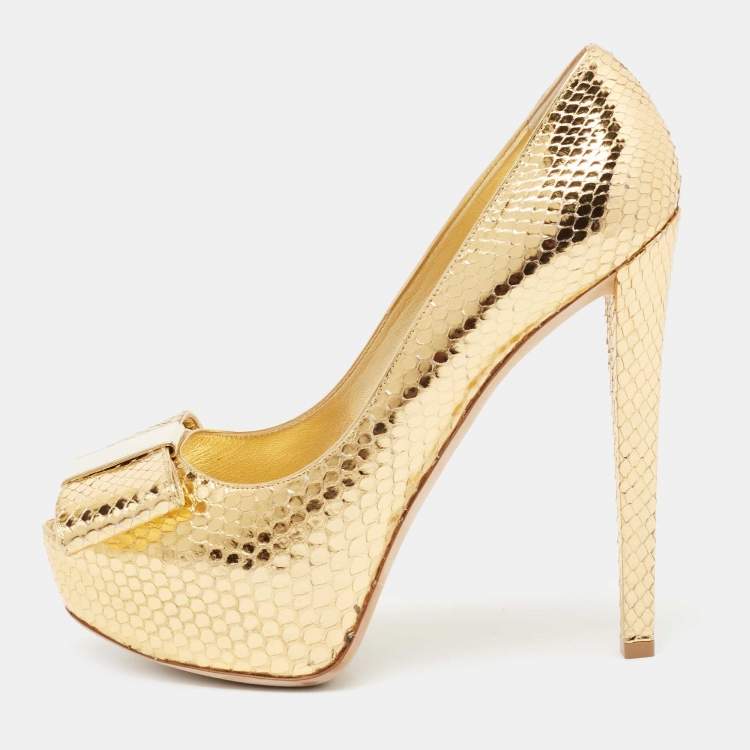 Pre Owned Louis Vuitton Metallic Gold Python Peep Toe Platform Pumps Size 38