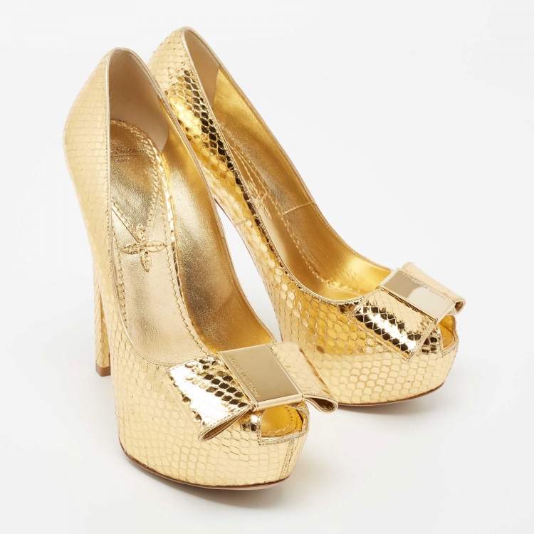 Pre Owned Louis Vuitton Metallic Gold Python Peep Toe Platform Pumps Size 38