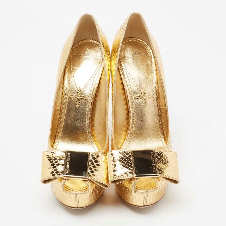 Pre Owned Louis Vuitton Metallic Gold Python Peep Toe Platform Pumps Size 38