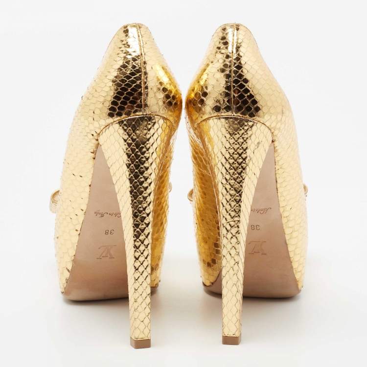 Pre Owned Louis Vuitton Metallic Gold Python Peep Toe Platform Pumps Size 38