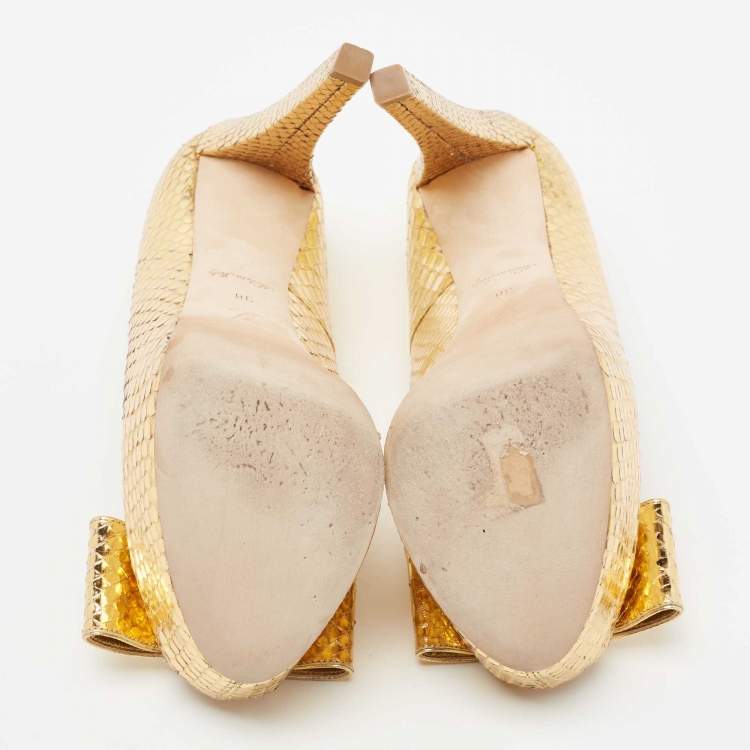 Pre Owned Louis Vuitton Metallic Gold Python Peep Toe Platform Pumps Size 38