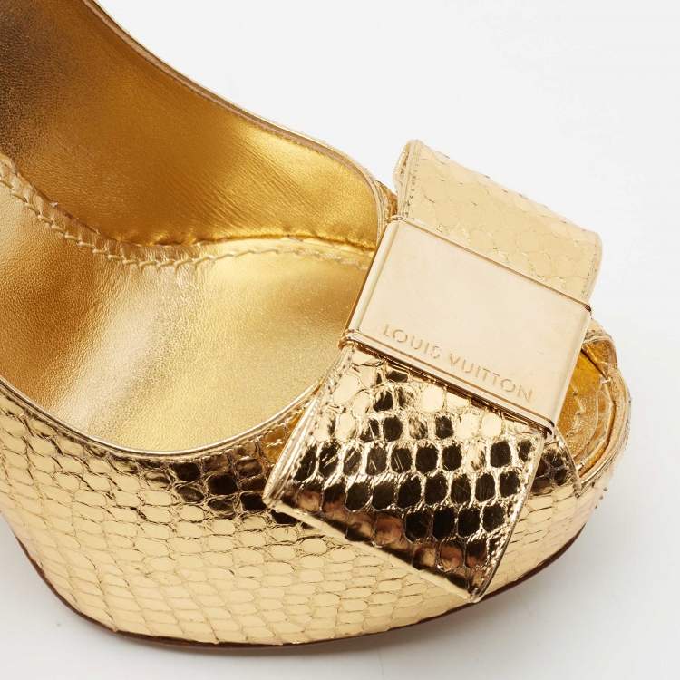 Pre Owned Louis Vuitton Metallic Gold Python Peep Toe Platform Pumps Size 38