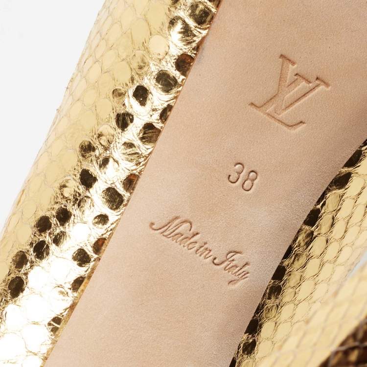 Pre Owned Louis Vuitton Metallic Gold Python Peep Toe Platform Pumps Size 38