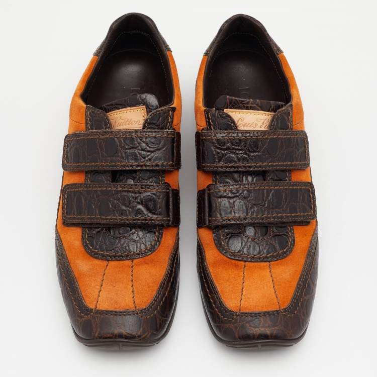 Pre Owned Louis Vuitton Dark Brown/Orange Crocodile Leather And Suede Low Top Sneakers Size 36