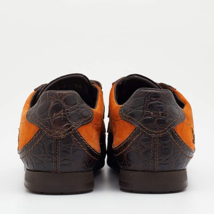 Pre Owned Louis Vuitton Dark Brown/Orange Crocodile Leather And Suede Low Top Sneakers Size 36
