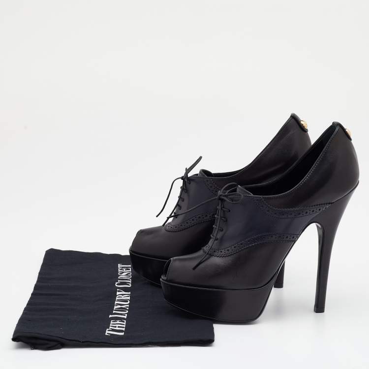 Pre Owned Louis Vuitton Black/Navy Blue Leather Peep Toe Platform Lace Up Booties Size 39