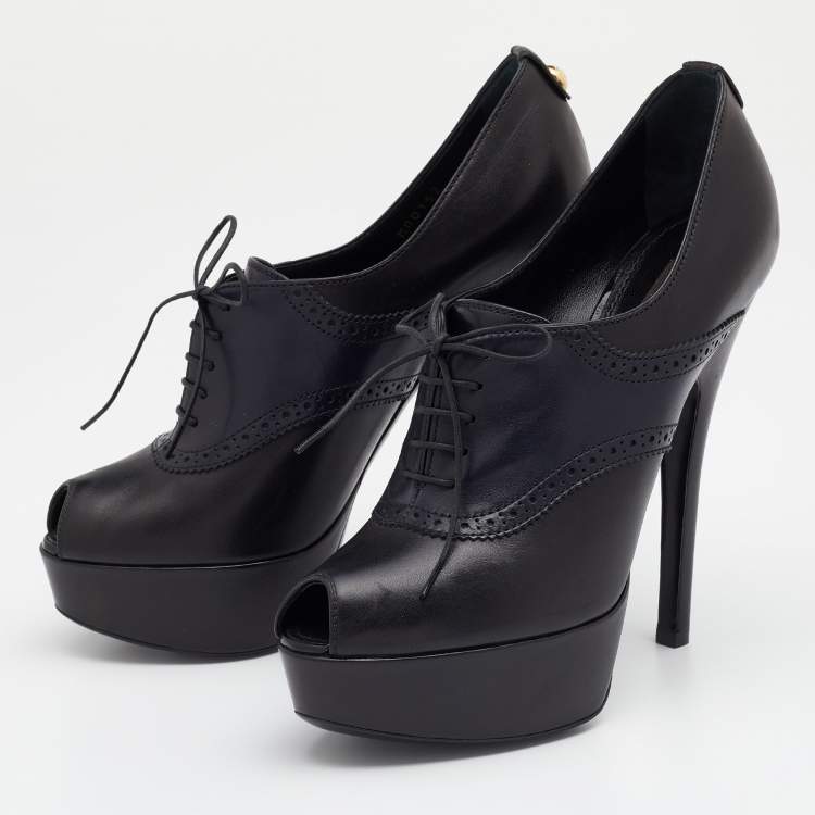 Pre Owned Louis Vuitton Black/Navy Blue Leather Peep Toe Platform Lace Up Booties Size 39