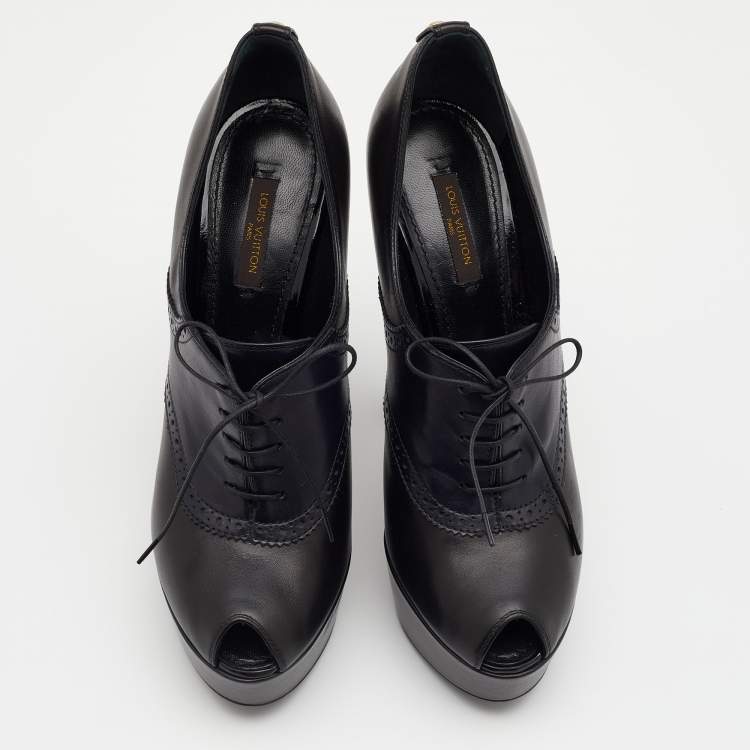 Pre Owned Louis Vuitton Black/Navy Blue Leather Peep Toe Platform Lace Up Booties Size 39