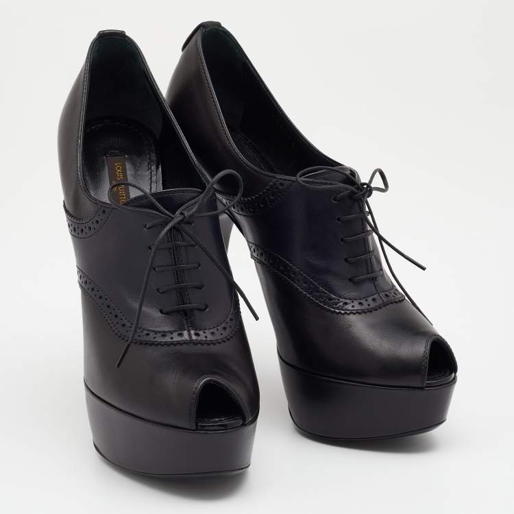 Pre Owned Louis Vuitton Black/Navy Blue Leather Peep Toe Platform Lace Up Booties Size 39