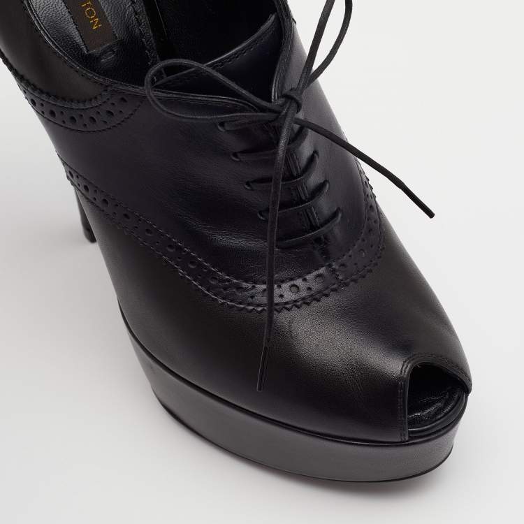 Pre Owned Louis Vuitton Black/Navy Blue Leather Peep Toe Platform Lace Up Booties Size 39