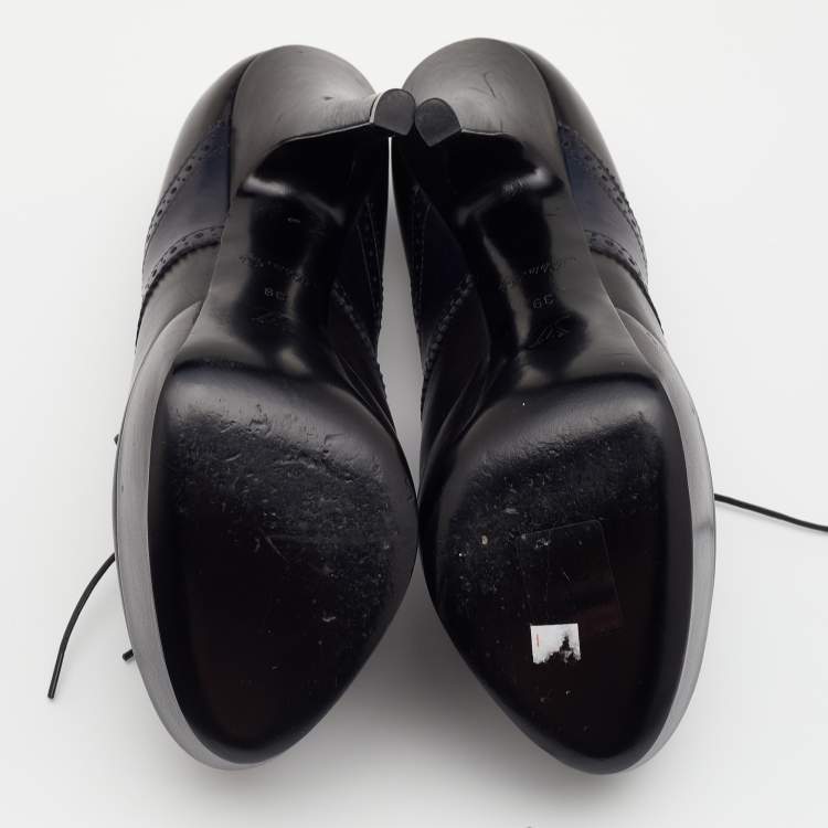 Pre Owned Louis Vuitton Black/Navy Blue Leather Peep Toe Platform Lace Up Booties Size 39