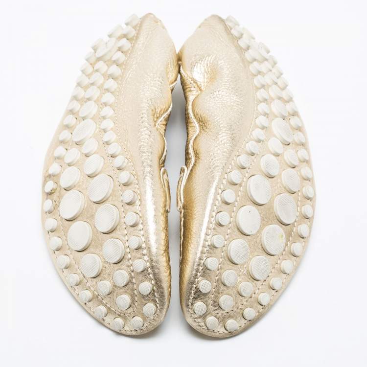 Pre Owned Louis Vuitton Metallic Gold Leather Bow Scrunch Slip On Loafers Size 41