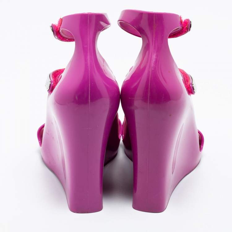 Pre Owned Louis Vuitton Purple Rubber Ankle-Strap Wedge Sandals Size 37