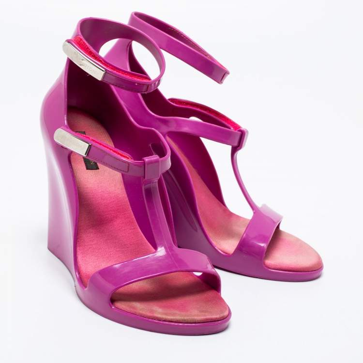 Pre Owned Louis Vuitton Purple Rubber Ankle-Strap Wedge Sandals Size 37