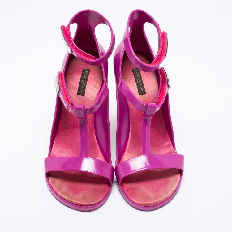 Pre Owned Louis Vuitton Purple Rubber Ankle-Strap Wedge Sandals Size 37