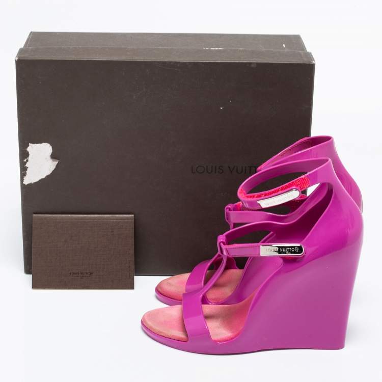 Pre Owned Louis Vuitton Purple Rubber Ankle-Strap Wedge Sandals Size 37