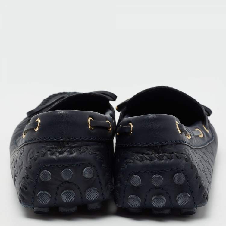 Pre Owned Louis Vuitton Monogram Blue Leather Gloria Bow Slip On Loafers Size 37